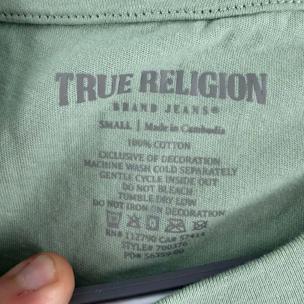 0929 True Religion Men's TR Contrast SS Taping Crew Neck T-Shirt, Frosty Green